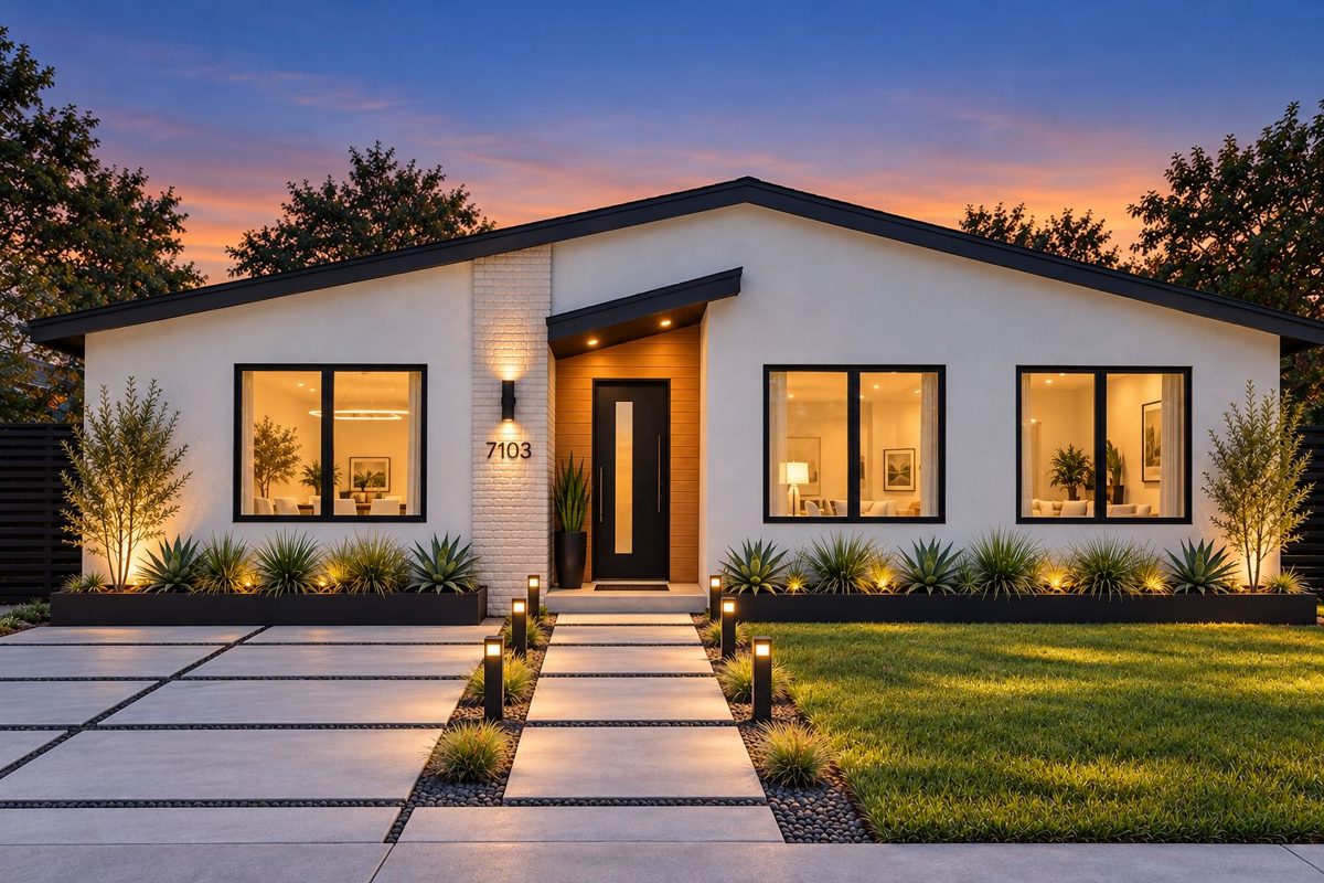 7103 Ryan Drive at dusk, rendering