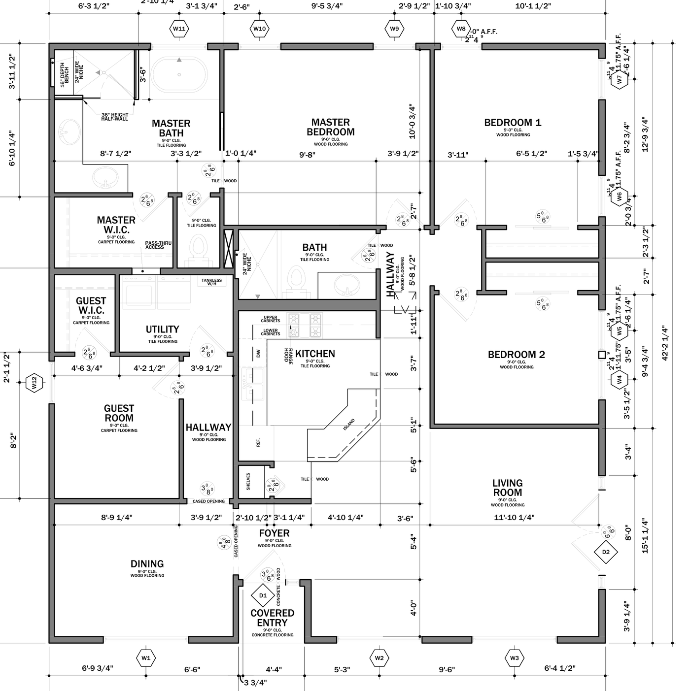 Proposed first-floor plan of 7103 Ryan Drive showing four bedrooms, two baths, open kitchen and living room
