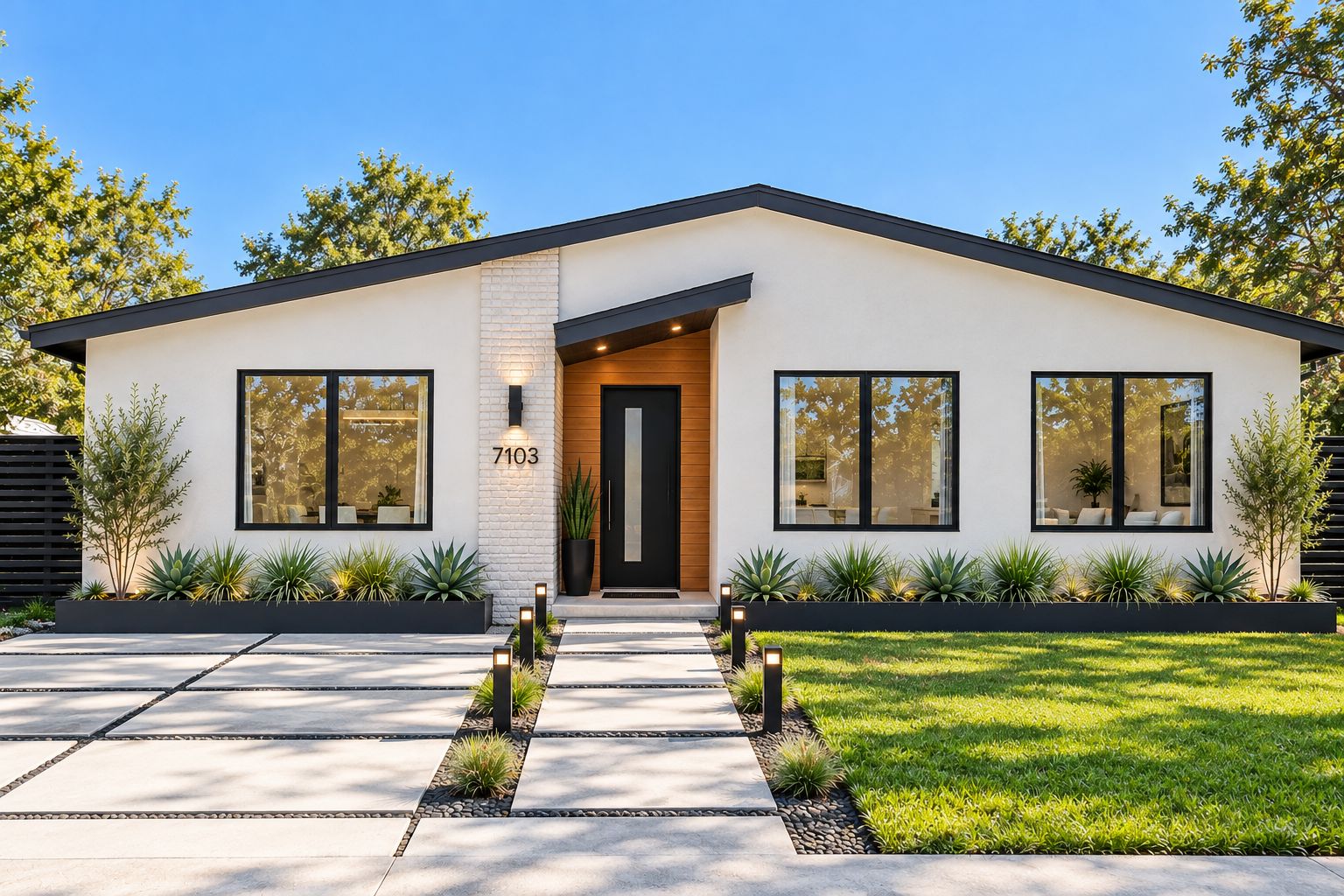 Front of 7103 Ryan Drive with a painted white brick column
