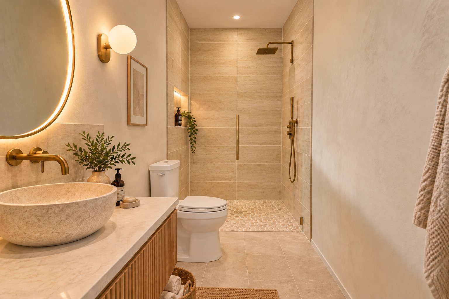 Hall bath with sand travertine shower tile