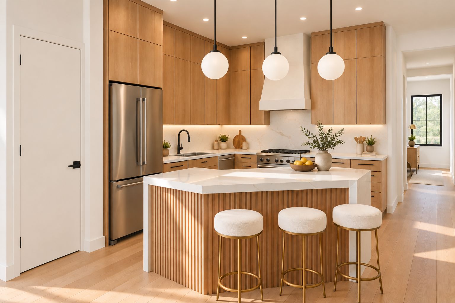 Kitchen with the angled island from the plans