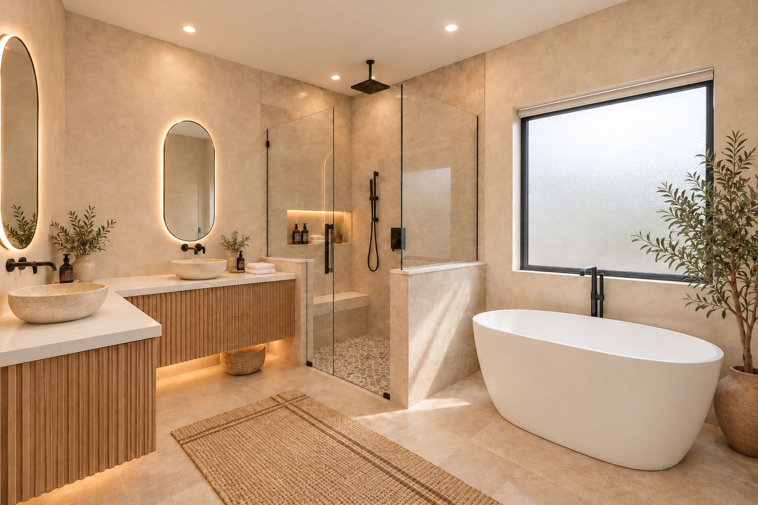 Primary bath with sand travertine shower tile
